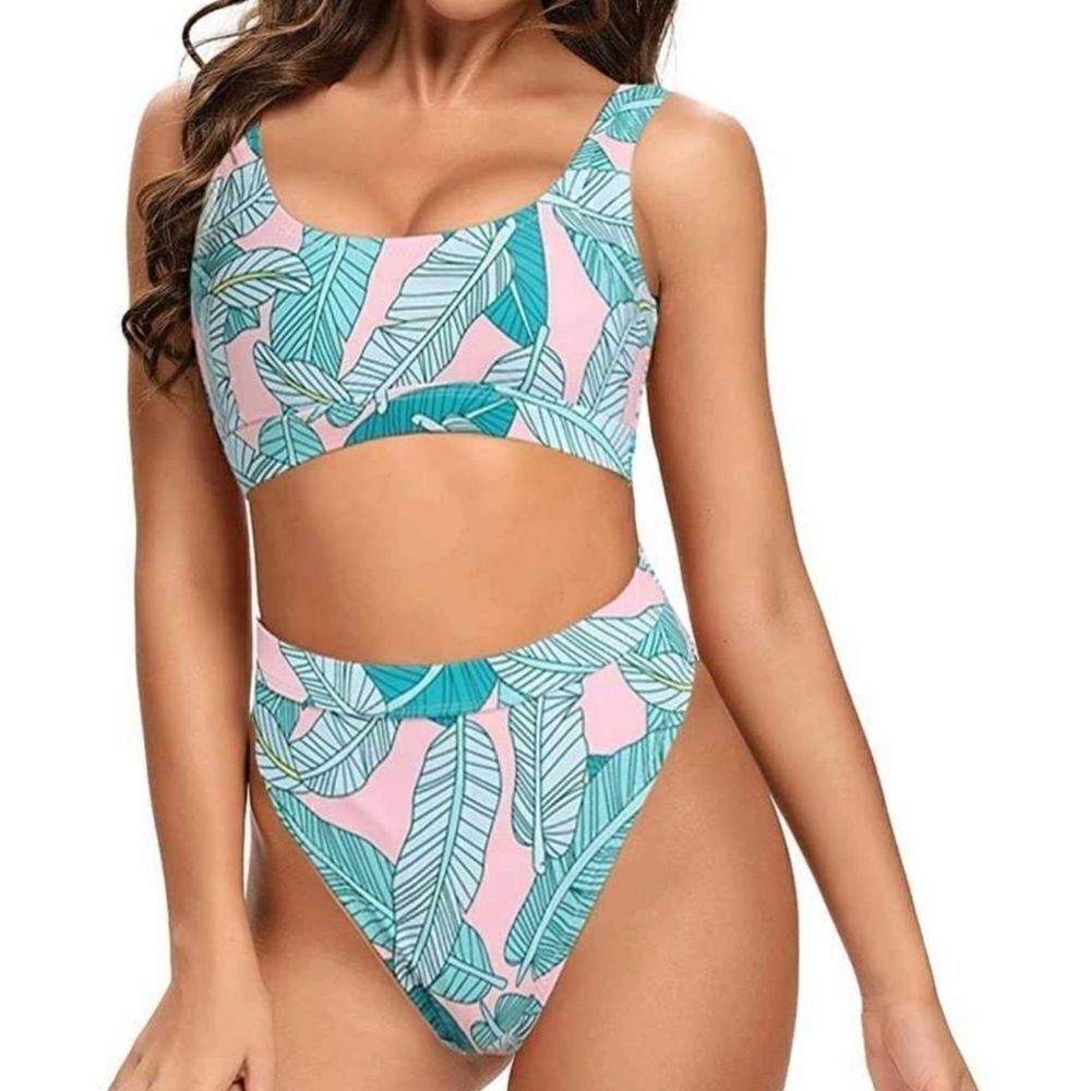 Pink & Green Palm High Waisted Bikini